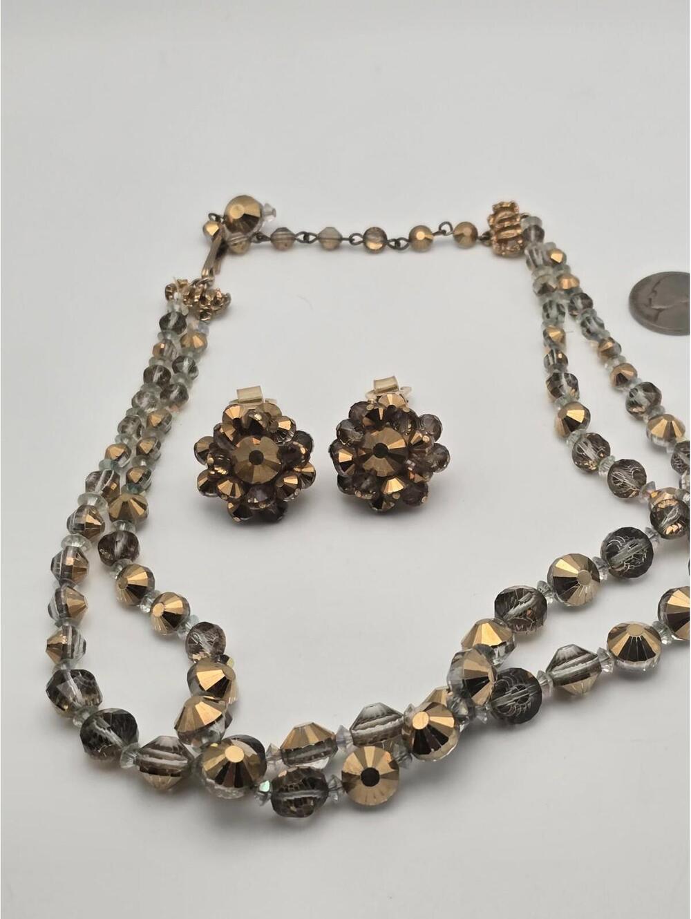Vintage Signed Hobe Crystal AB Necklace & Clip‑On Earrings